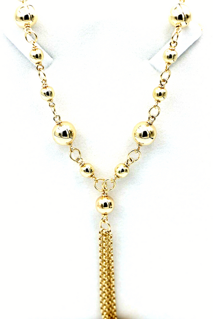 Kaedesigns 9ct 375 Solid Yellow, Rose or White Gold Ball chain 55cm Belcher Curb link Necklace with tassels Chain