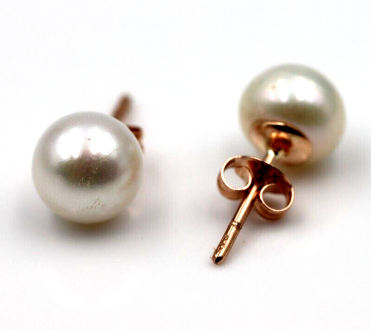 Genuine 9ct Yellow, Rose or White Gold White Button 8mm Freshwater Pearl Stud Earrings