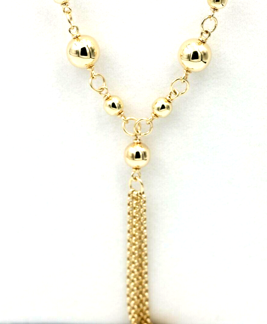 Kaedesigns 9ct 375 Solid Yellow, Rose or White Gold Ball chain 55cm Belcher Curb link Necklace with tassels Chain