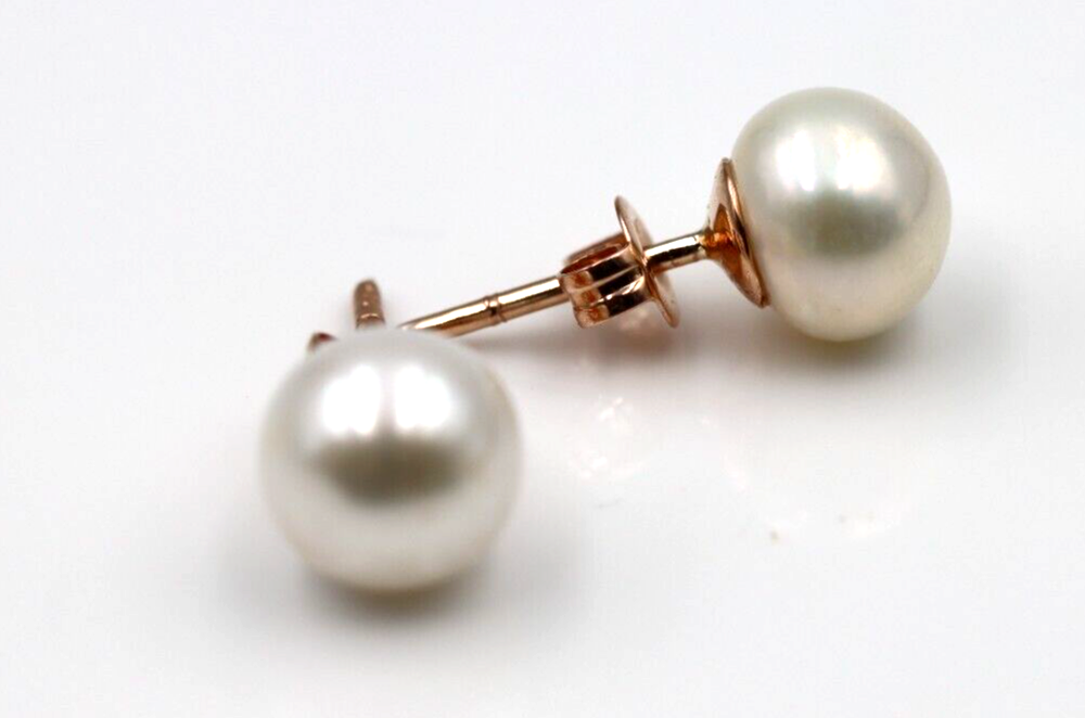 Genuine 9ct Yellow, Rose or White Gold White Button 8mm Freshwater Pearl Stud Earrings