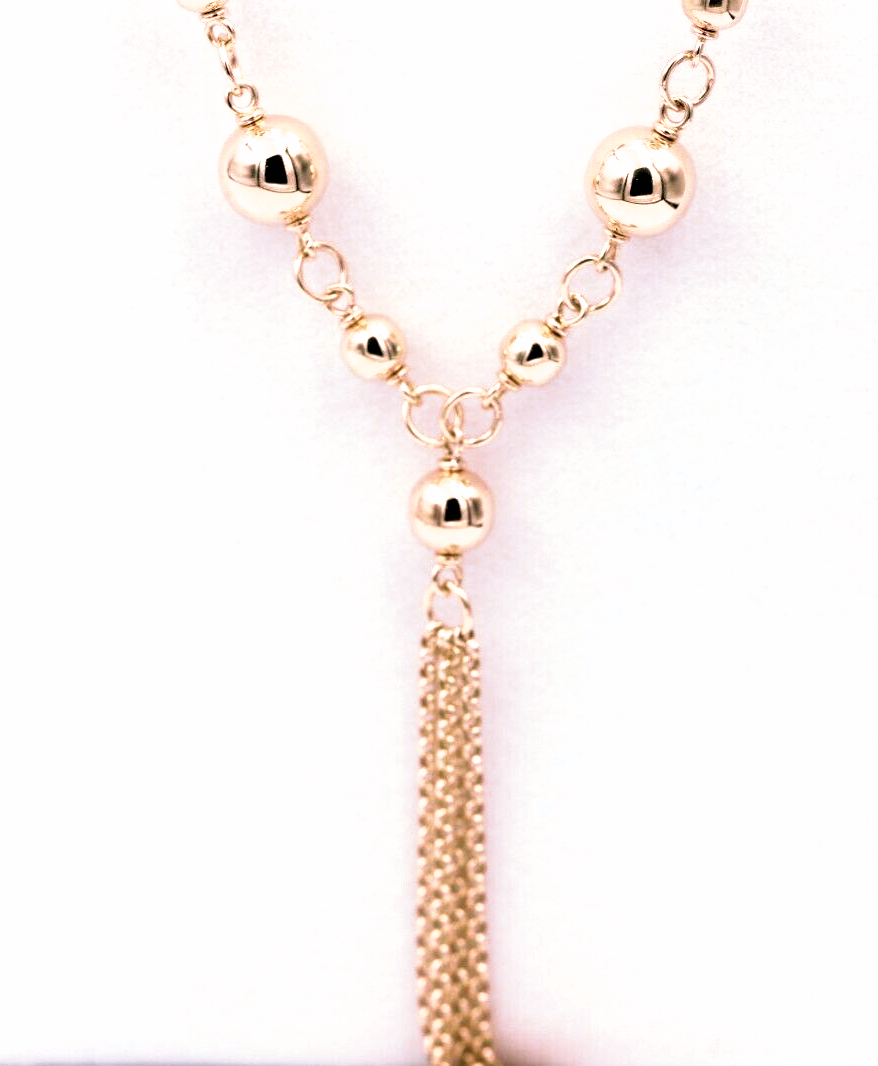 Kaedesigns 9ct 375 Solid Yellow, Rose or White Gold Ball chain 55cm Belcher Curb link Necklace with tassels Chain