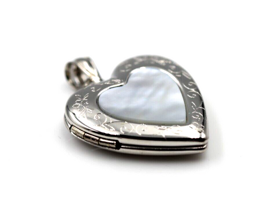 Sterling Silver Mother of Pearl Heart Pendant Locket for 2 pictures