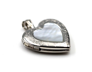 Sterling Silver Mother of Pearl Heart Pendant Locket for 2 pictures  - Free Post