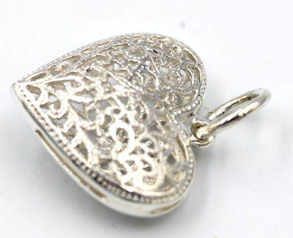 Genuine Sterling Silver Heavy Large Filigree Heart Pendant