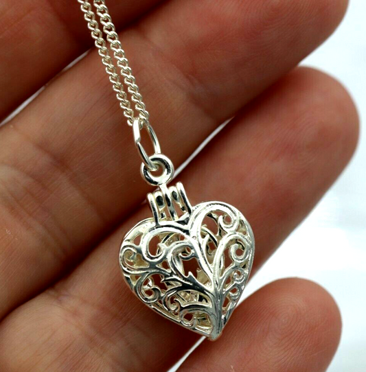 Genuine Sterling Silver Heart Filigree Locket Pendant and Kerb Curb Necklace