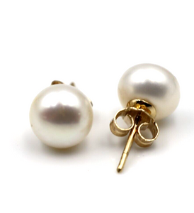 Genuine 9ct Yellow, Rose or White Gold White Button 10mm Freshwater Pearl Stud Earrings