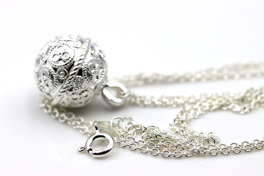 Genuine Sterling Silver Lace Pattern Ball Memorial Pendant with Screw Opening Bail + Necklace