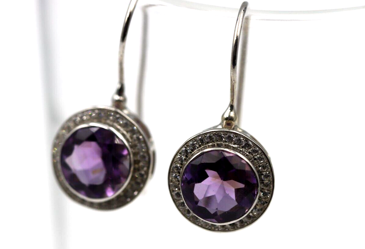 Genuine Sterling Silver 925 8mm Round Amethyst CZ Earrings