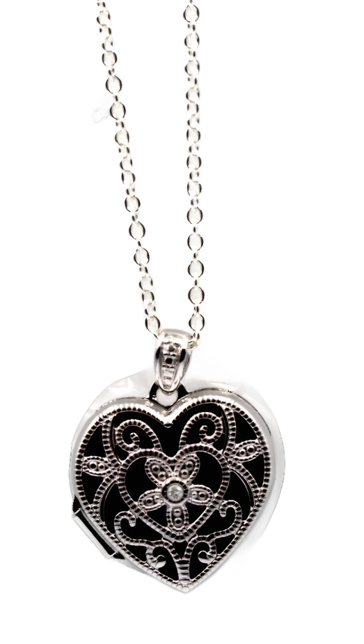 Genuine Sterling Silver Diamond Set Filigree Heart Locket + Necklace