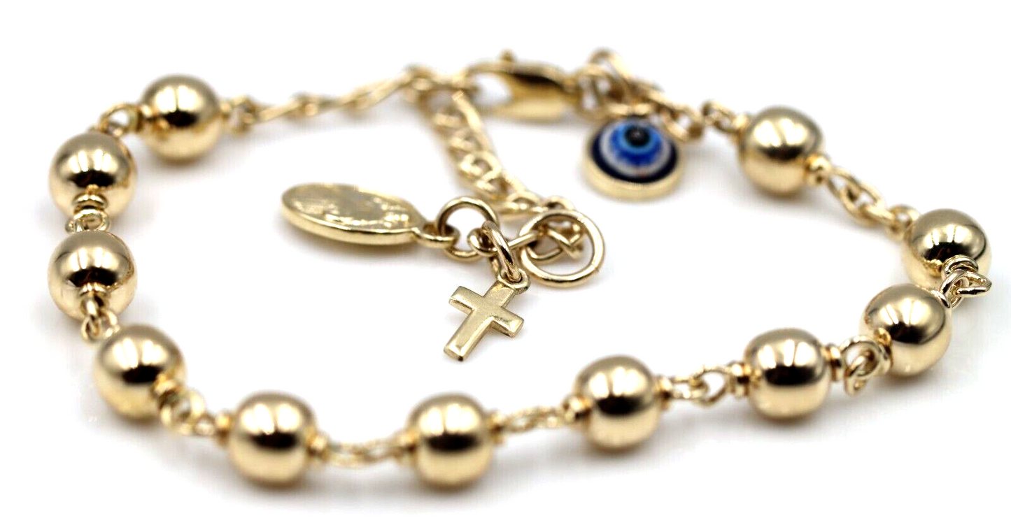 9ct Yellow, Rose or White Gold 6mm Ball Rosary Bead bracelet 21cm long + Cross + Evil Eye Charm