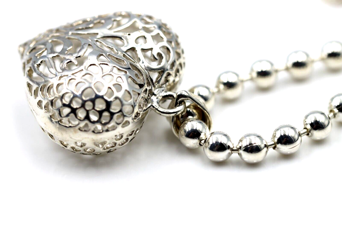 Heavy Sterling Silver Ball Necklace & Filigree Bubble Heart Pendant - Free Post