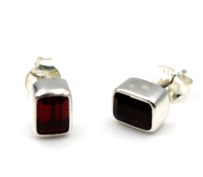 Genuine Sterling Silver 925 Garnet Bezel Rectangle Stud Earrings