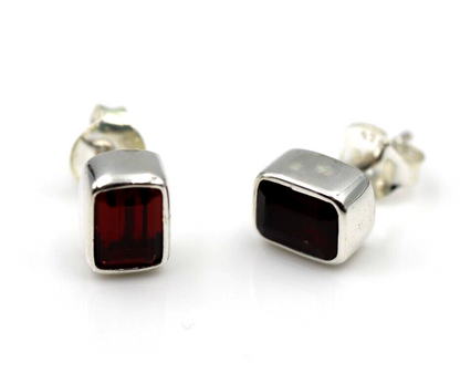 Genuine Sterling Silver 925 Garnet Bezel Rectangle Stud Earrings