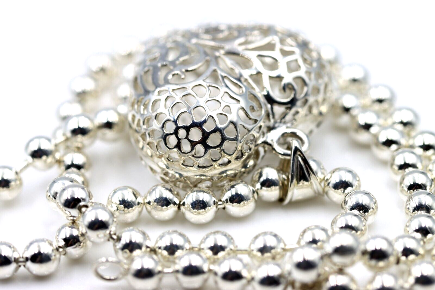 Heavy Sterling Silver Ball Necklace & Filigree Bubble Heart Pendant - Free Post