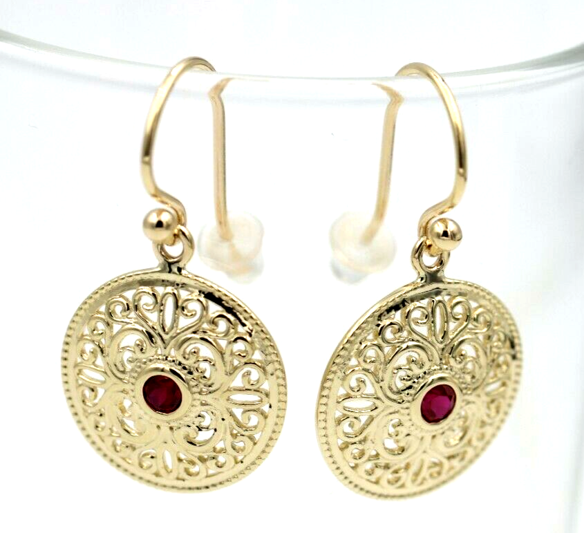 Genuine 9k 9ct Solid Yellow, Rose or White Gold Antique Ruby Filigree Drop Earrings