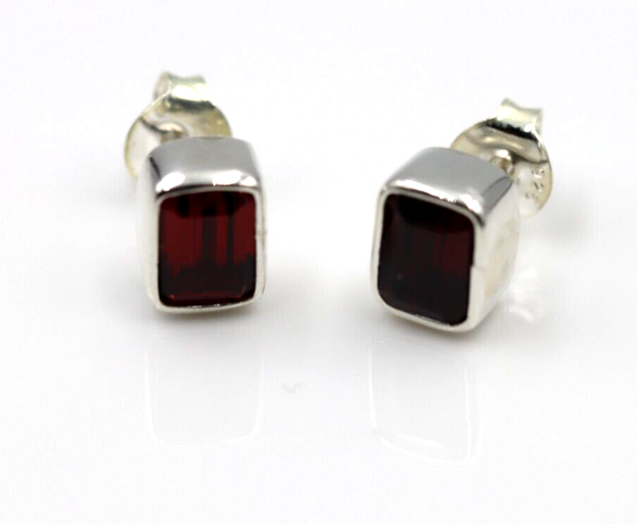 Genuine Sterling Silver 925 Garnet Bezel Rectangle Stud Earrings