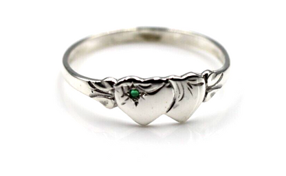 Size M - Solid New Sterling Silver Double Heart Signet Ring Emerald Set