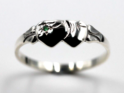 Size M - Solid New Sterling Silver Double Heart Signet Ring Emerald Set