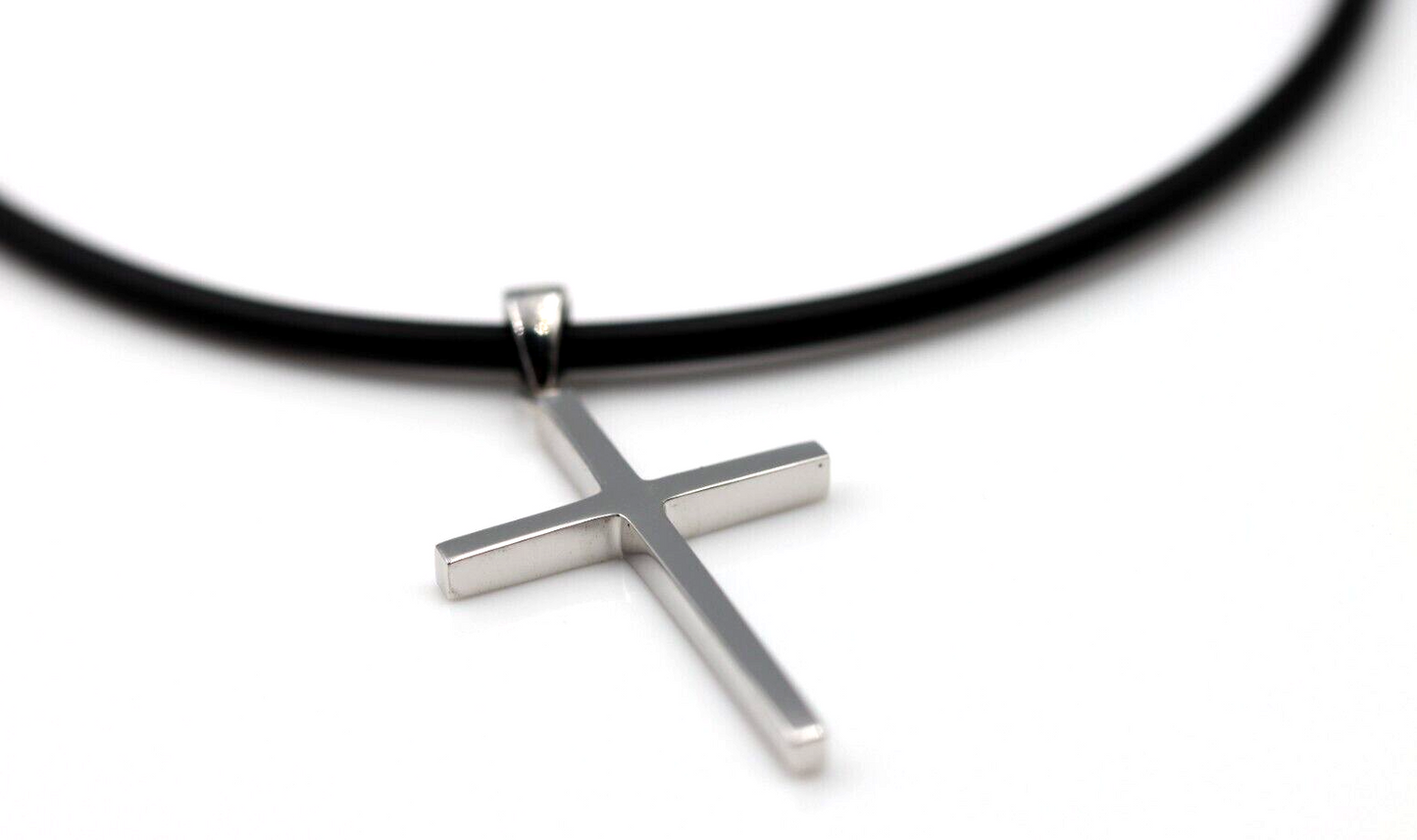 Neoprene Nielit  Stick Sterling Silver Cross Pendant + Rubber Chain Necklace