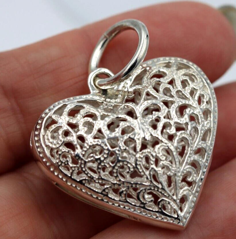 Genuine Sterling Silver Heavy Large Filigree Heart Pendant