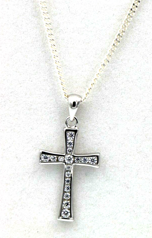 Cubic Zirconia 925 Sterling Silver Cross Pendant + Chain