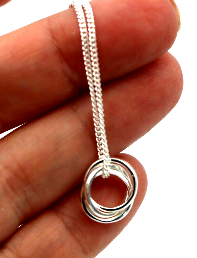 Genuine 925 Sterling Silver Curb Link Necklace & 3 Ring Pendant