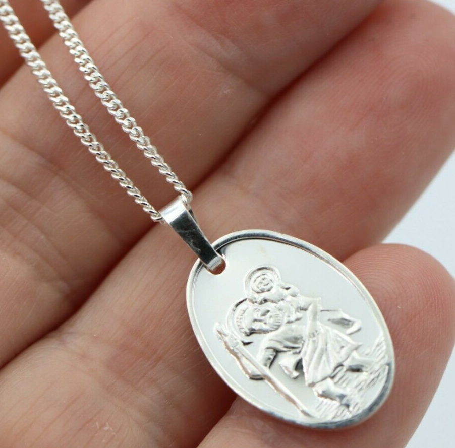 Sterling Silver Oval St Christopher Pendant Travel Saint & Necklace