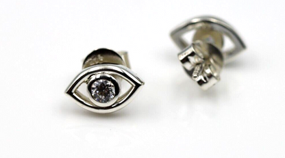 Genuine Sterling Silver 925 Eye Stud Bezel Cubic Zirconia Earrings 9mm wide