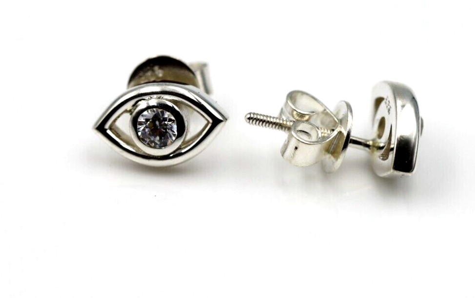 Genuine Sterling Silver 925 Eye Stud Bezel Cubic Zirconia Earrings 9mm wide