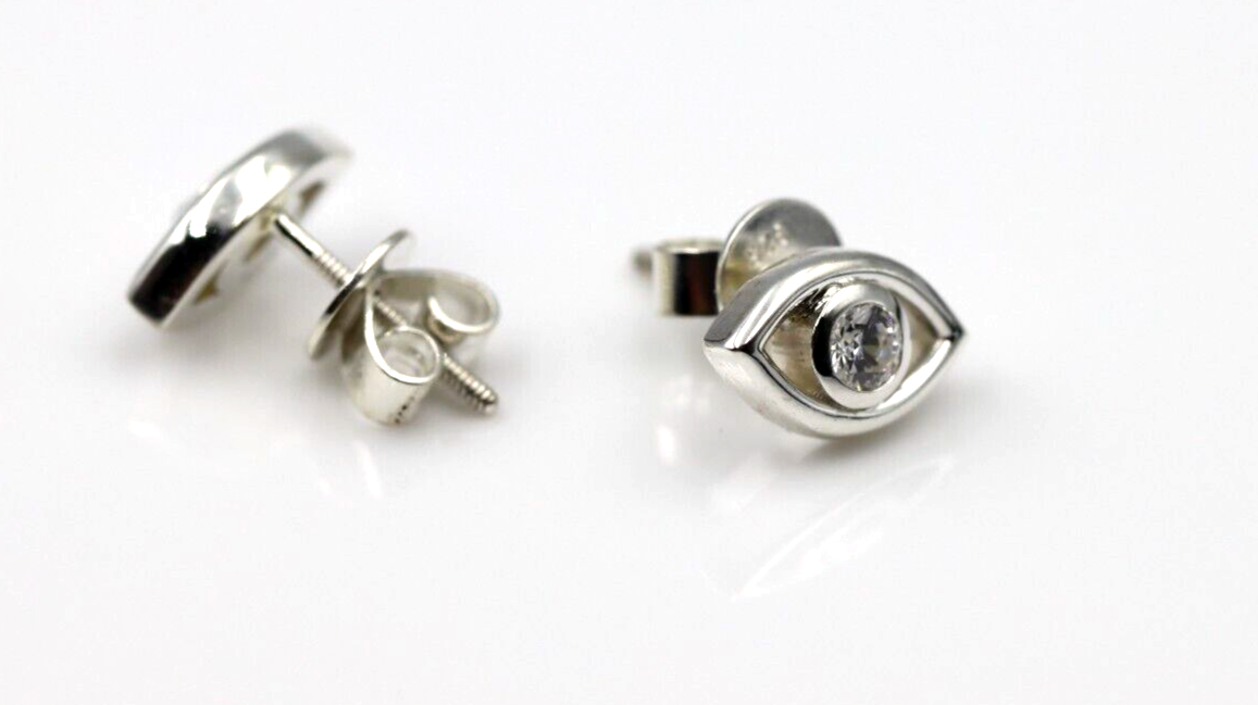 Genuine Sterling Silver 925 Eye Stud Bezel Cubic Zirconia Earrings 9mm wide