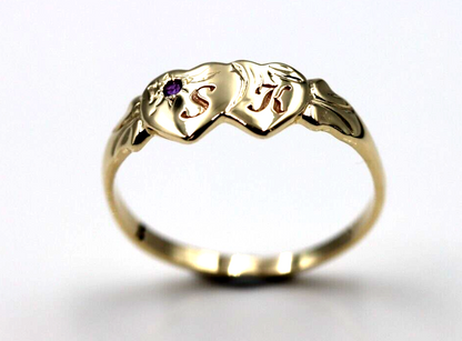 Genuine 9ct Yellow Gold Double Heart Yellow Purple Amethyst February Birthstone Signet Ring In your size + Engraving