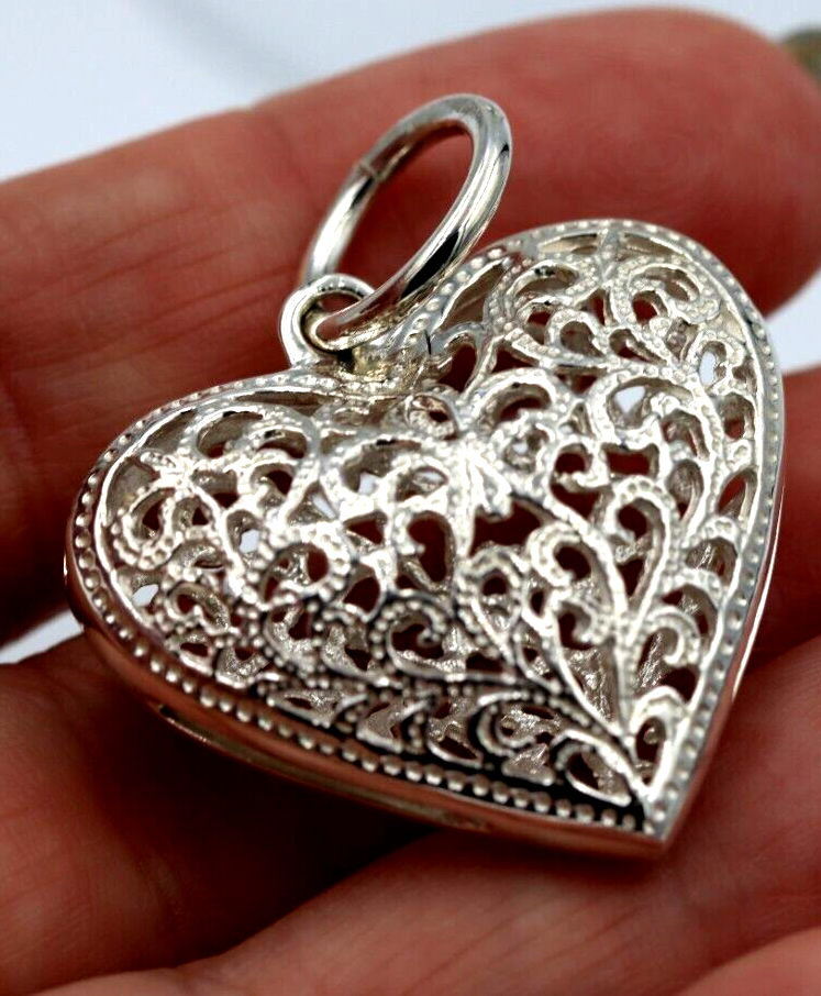 Genuine Sterling Silver Heavy Large Filigree Heart Pendant