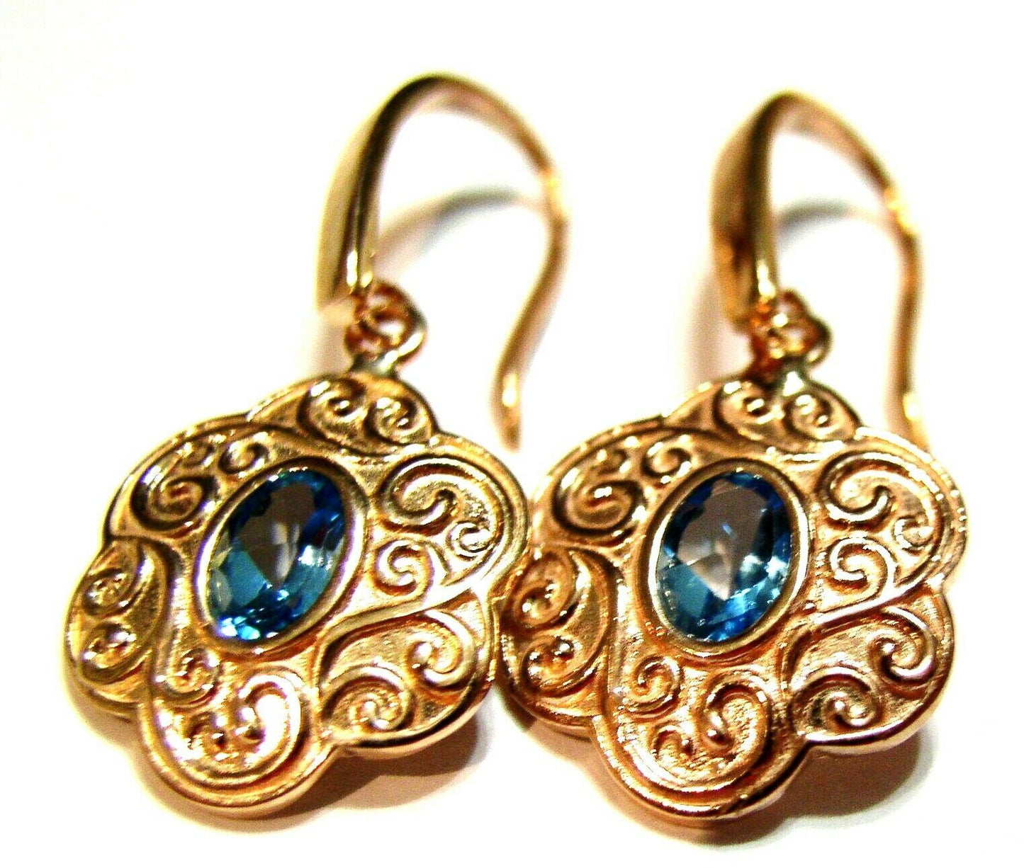 9ct 9k Solid Rose Gold Antique Blue Topaz Filigree Earrings *Free Express Post Oz