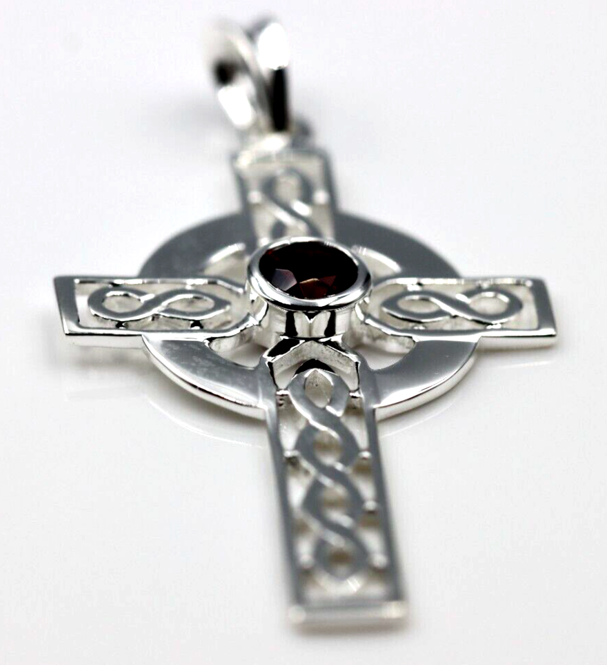 Kaedesigns Large Sterling Silver 925 Garnet Celtic Cross Pendant