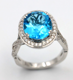 Genuine 9ct White Gold Diamond + Oval Blue Topaz Ring - Last one! Free post