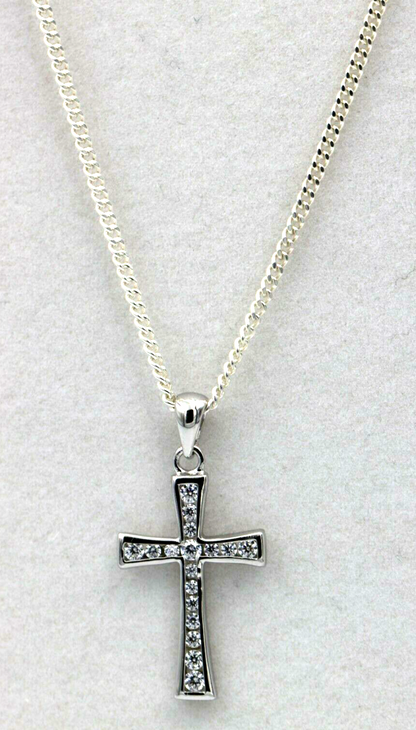 Cubic Zirconia 925 Sterling Silver Cross Pendant + Chain