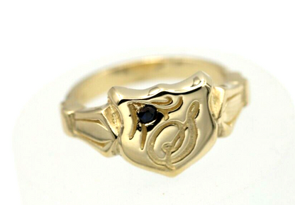 Solid Australian Sapphire 9ct Yellow Gold Shield Signet Ring Size K Engraved with Letter S- FREE POST