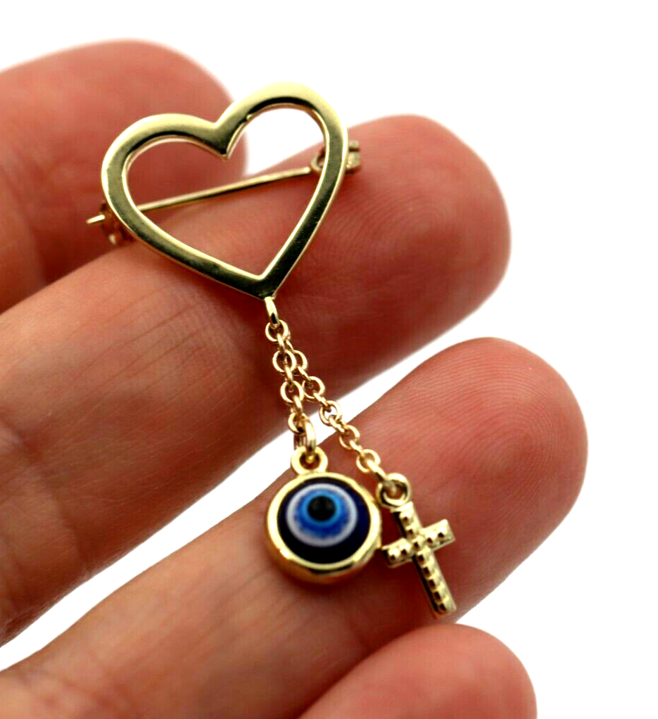 Genuine 9ct, 14ct or 18ct Yellow Gold Baby Child's Kids Heart Cross Brooch Evil Eye Mati