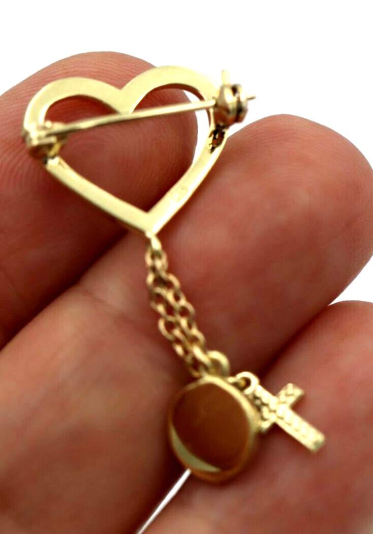 Genuine 9ct, 14ct or 18ct Yellow Gold Baby Child's Kids Heart Cross Brooch Evil Eye Mati