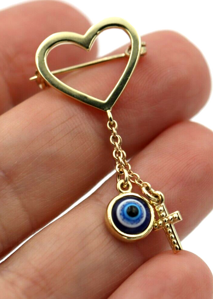 Genuine 9ct, 14ct or 18ct Yellow Gold Baby Child's Kids Heart Cross Brooch Evil Eye Mati