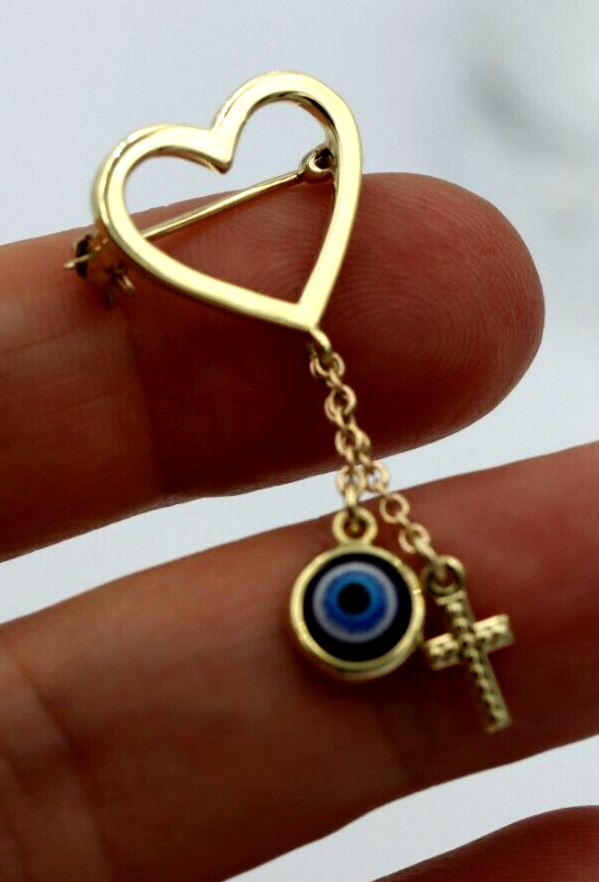 Genuine 9ct, 14ct or 18ct Yellow Gold Baby Child's Kids Heart Cross Brooch Evil Eye Mati