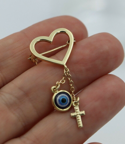 Genuine 9ct, 14ct or 18ct Yellow Gold Baby Child's Kids Heart Cross Brooch Evil Eye Mati