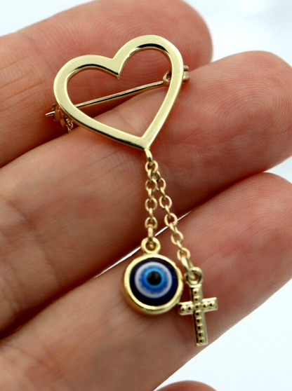 Genuine 9ct, 14ct or 18ct Yellow Gold Baby Child's Kids Heart Cross Brooch Evil Eye Mati