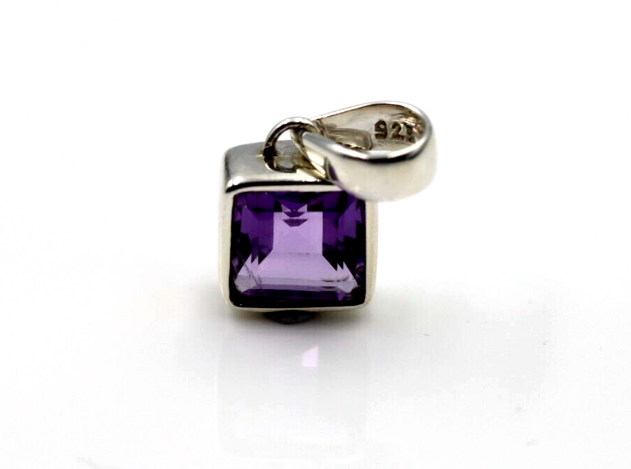 Sterling Silver Square Bezel Set Natural Amethyst Pendant /Charm