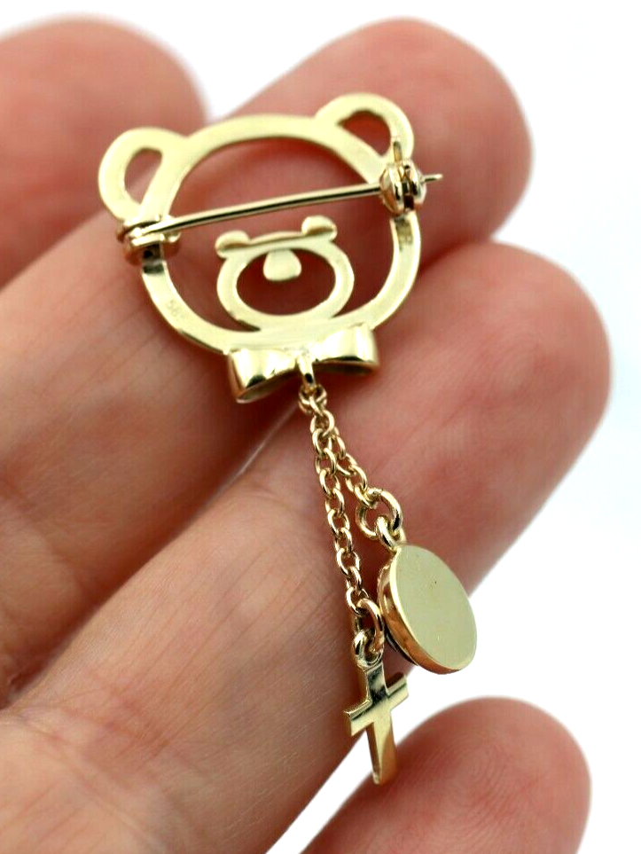 Genuine 14ct Yellow Gold Baby Child's Kids Teddy Bear Cross Brooch Evil Eye Mati