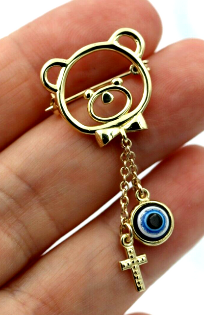 Genuine 14ct Yellow Gold Baby Child's Kids Teddy Bear Cross Brooch Evil Eye Mati