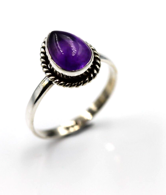 Size Q Genuine Sterling Silver Solid Teardrop Cabochon Amethyst Ring