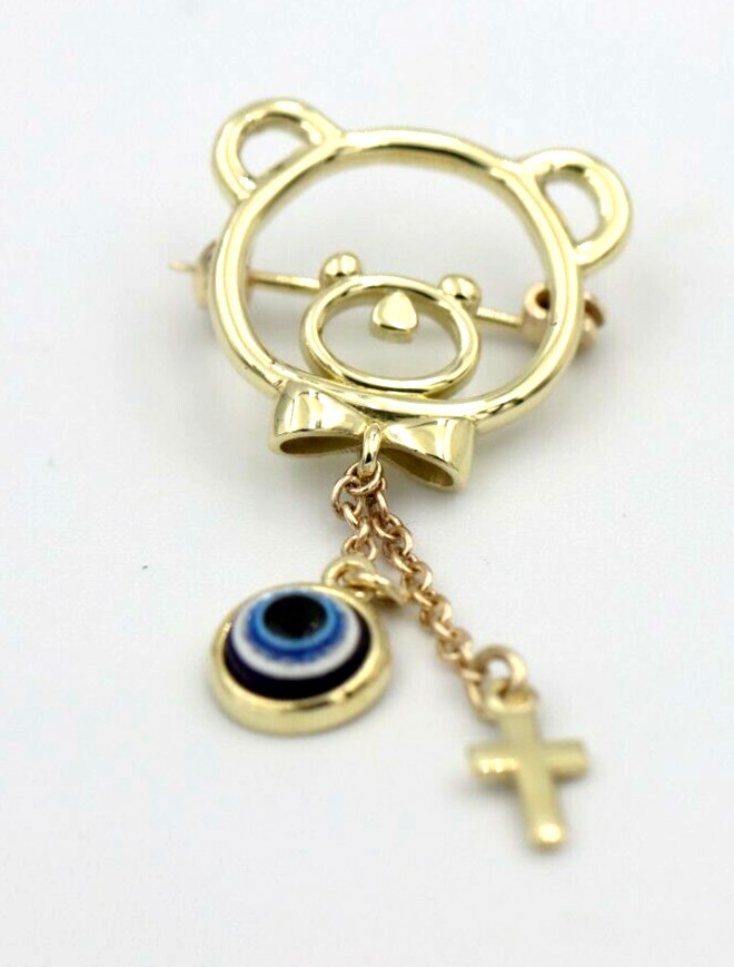 Genuine 14ct Yellow Gold Baby Child's Kids Teddy Bear Cross Brooch Evil Eye Mati