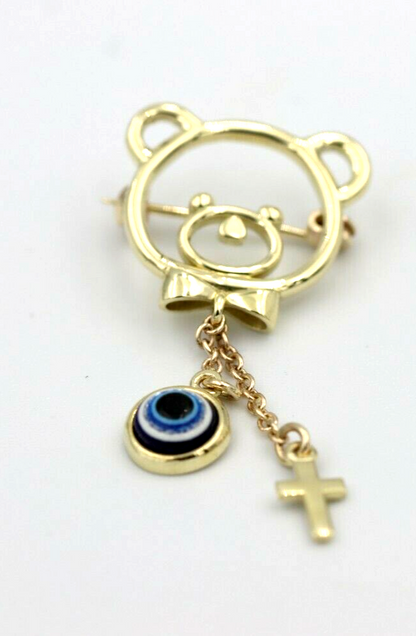 Genuine 14ct Yellow Gold Baby Child's Kids Teddy Bear Cross Brooch Evil Eye Mati