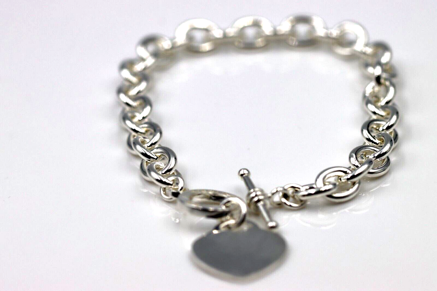 Genuine 925 Sterling Silver Cable Bracelet with T Bar and Heart